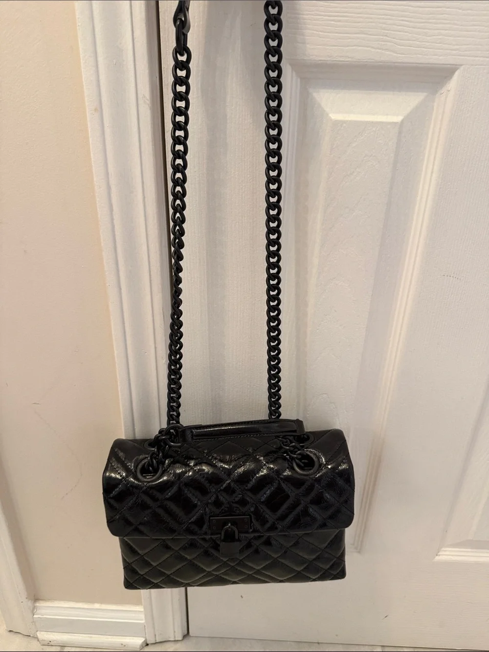 Kurt Geiger Black Quilted Patent Shoulder Bag with Chain Strap